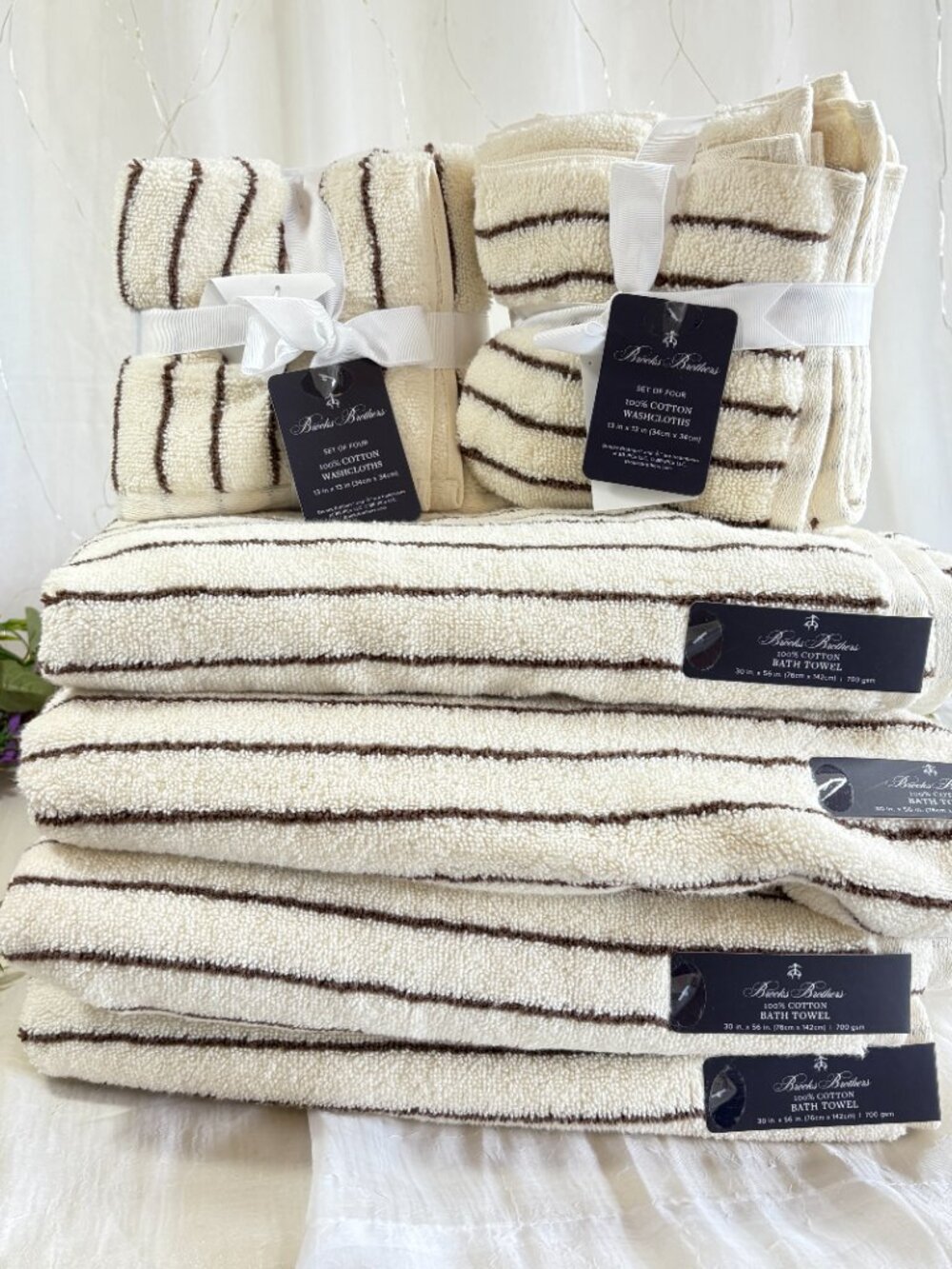 10 pc BROOKS BROTHERS Premium Turkish Bath Towels Set Striped Ivory Brown 700Gsm